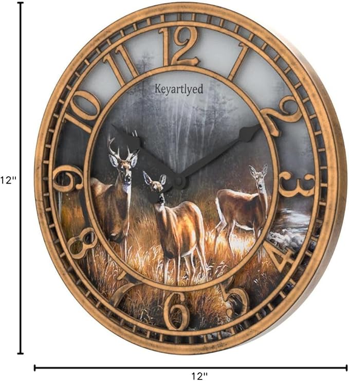 Round Wall Clock Farmhouse Plastic Deer Clock Battery Operated Silent Non-Ticking Rustic Clock 12 Inch for Home Kitchen Living Room Bedroom Office Decor (Antique Copper)
