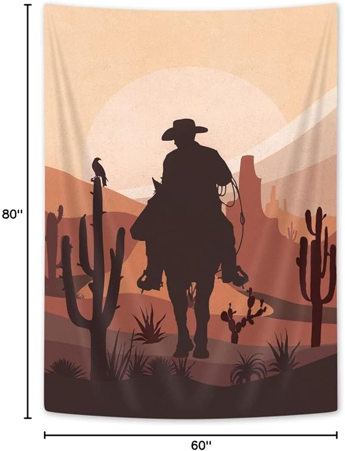 Western Cowboy Tapestry, Country Themed Clipart Illustration Cowboy Riding in Desert Wild West, Mid Century Modern Cactus Moon Bohemian Tapestry Wall Hanging Bedroom Living Room Dorm,60X80IN