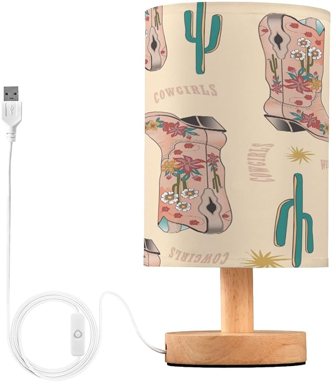 VIGTRO Table Lamp with USB Vintage Cow Girls Boot Bedroom Nightstand Lamps, Western Boho Wood Base LED Desk Light for Living Room, Office