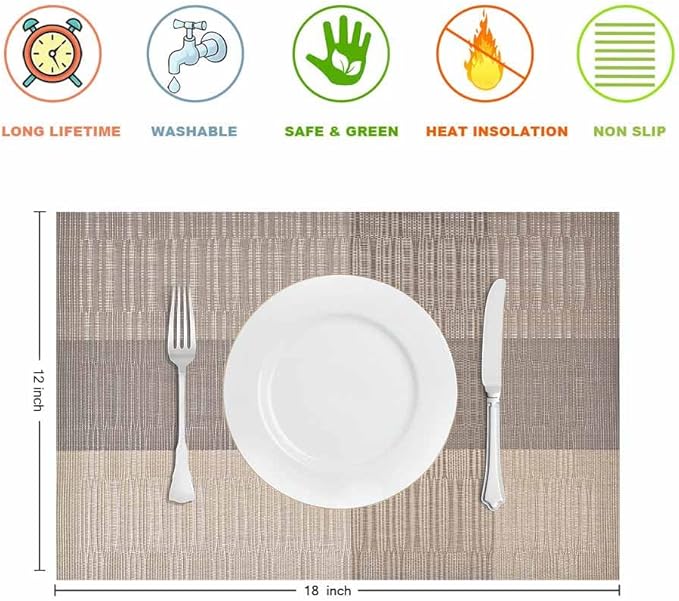 GIVERARE Placemats Set of 4, Heat-Resistant Woven Vinyl Placemat, Non-Slip Washable PVC Table Mat, Easy to Clean Premium Plastic Mats for Dining, Kitchen Table (Khaki)