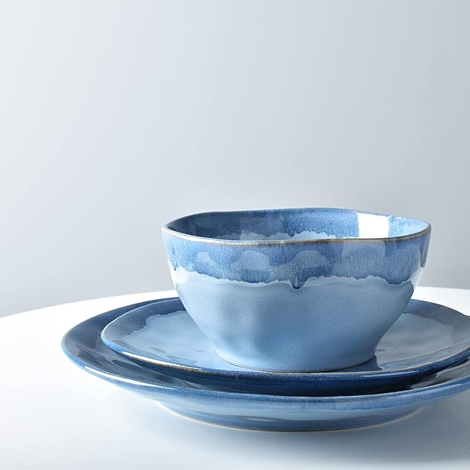 Bosmarlin Stoneware Dinnerware Set, Ceramic Bowls and Plates Set, Service for 4, 12 Piece, Microwave and Dishwasher Safe, Reactive Glaze (Light blue)