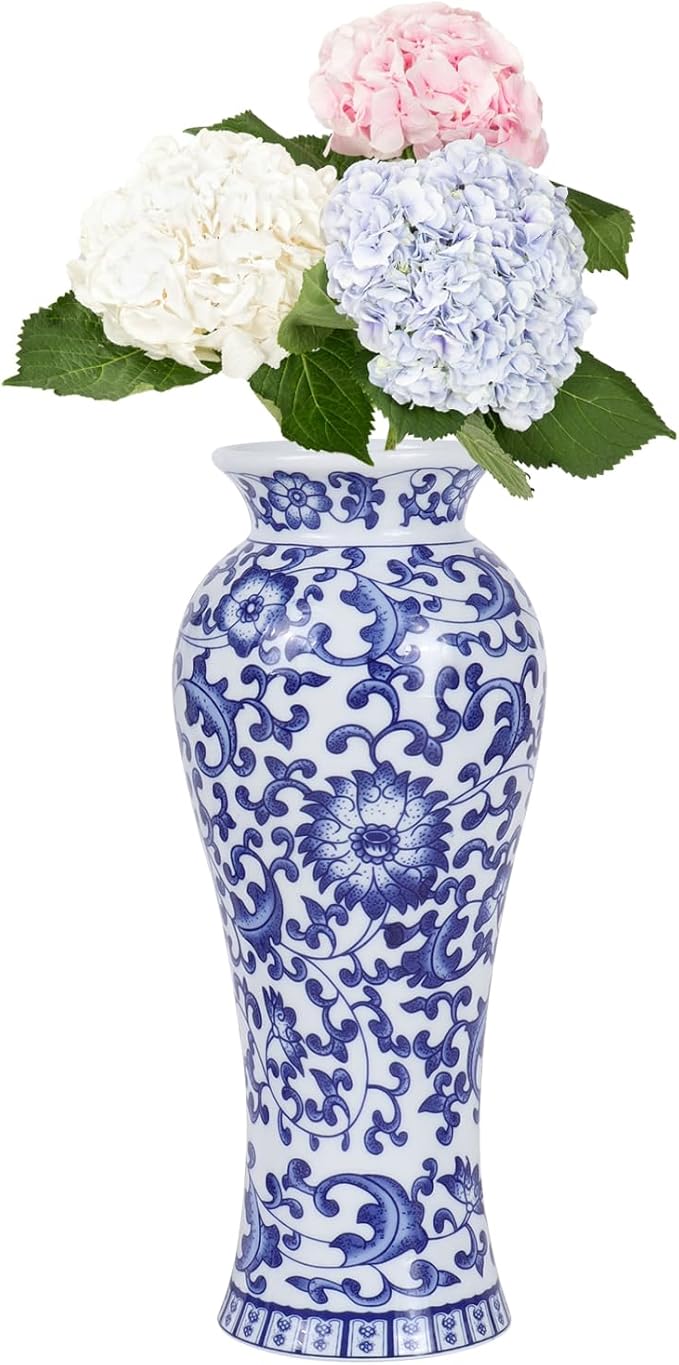Chinoiserie Blue and White Vases,Living Room Centerpiece Ceramic Vase for Office Bedroom Chinoiserie Vintage Willow Flower Vases Decor (Lotus-M)