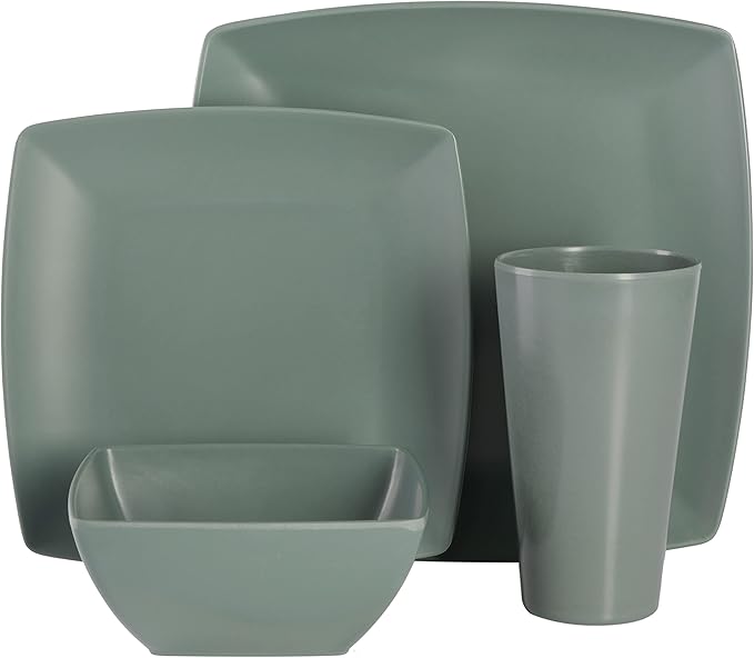 Gibson Home Soho Grayson Square Melamine Plastic Dinnerware Set, Service for Four (16pcs), Green