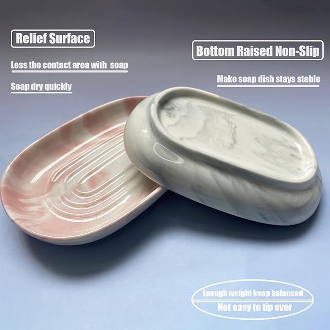 Soap Dish Ceramic, Decorative Ceramic Soap Holder with Unique Marble Textures, Bar Soap Holder for Shower, Bathroom, Kitchen, Tubs, Sink, Hotels, Counters (Pink Texture)