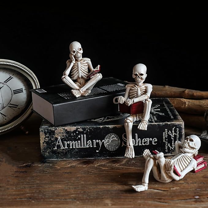3 Psc Reading Skeleton Statue Gothic Horror Decor for Bookshelf and Desk Resin Figurine Halloween Decoration