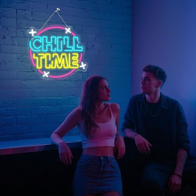 Chill Time Neon Sign Wall Decor, Happy Hour Neon Bar Open Led Signs Suitable Cocktail Drinks Open Signs For Home Bar Coffee Station Business Window Man Cave Office Club Decor Birthday Christmas Gift