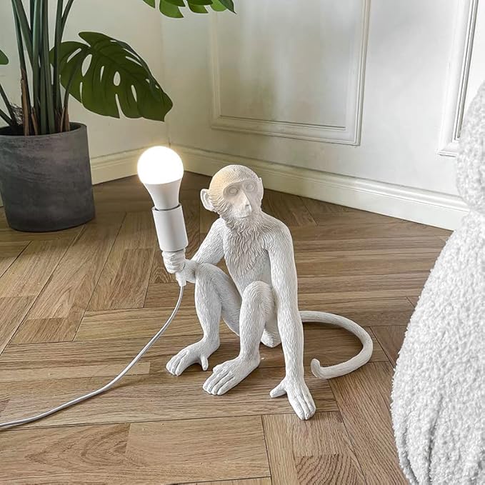 Modern Resin Monkey Wall & Table Lamp - Hemp Rope Pendant Light for Home Decor - Dining, Living Room, Bedroom, Entryway (White)