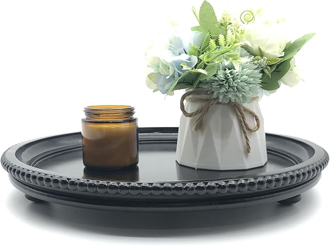 Round Wood Decorative Tray, Small Beaded Tray for Dresser Coffee Table Kitchen Corner Dinning Table, Modern Round Wooden Tray for Centerpiece (Black, 13.4''X13.4'')