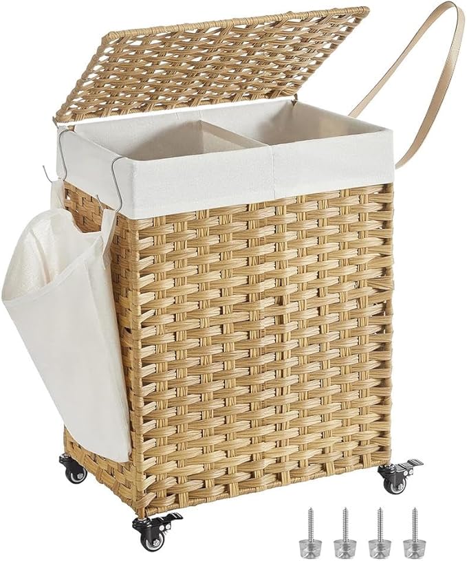 SONGMICS Laundry Hamper with Lid, 38.3 Gallons (145 L), Rolling Laundry Basket with Wheels, 2-Section Synthetic Rattan, Removable Liner, Bedroom, 21.7 x 15.7 x 26 Inches, Natural Color ULCB262Y01