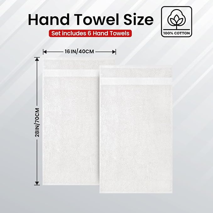 Infinitee Xclusives Luxury 100% Ring-Spun Cotton Hand Towels for Bathroom Set of 6 (16x28 inches) - Soft, Absorbent & Quick-Drying Bath Towels for Bathroom, Gym, Spa & Hotel Use (Brilliant White)