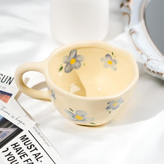 Ceramic Coffee Mug Vintage Flower Mugs 8 oz Cute Floral Coffee Mugs Irregular Latte Art Cup Lead-free Porcelain Cups for Cappuccino, Cocoa (Blue Flowers)