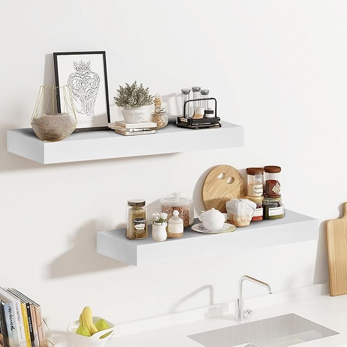 17x8x1.6 inch Floating Shelves Set of 2 – Solid Wood Rustic White Wall Mounted Shelf for Kitchen, Bathroom, Living Room