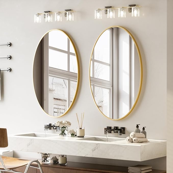 Gold Oval Bathroom Mirror, 24 x 32 inch Modern Oval Wall Mounted Vanity Mirror with Tempered Glass Hanging Horizontally or Vertically, Gold