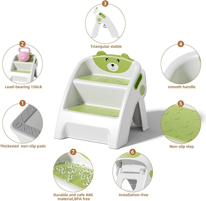 Toddler Step Stool for Bathroom Sink and Potty Training Durable Anti-Slip,Anti-Tip A-Frame,10-Second Assembly, 2-Step Potty Stool with Wide Steps,CPC Certified for Safe and Kids Easy Hand Washing