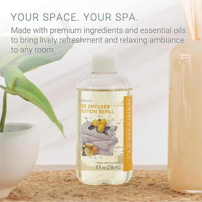 SpaRoom Reed Diffuser Oil Refill – Clean Linen Scent, 8oz Crisp and Refreshing Blend with Lemon Accents, Light and Airy Aroma for Bathroom, Bedroom, or Living Room, Long Lasting Fresh Scent
