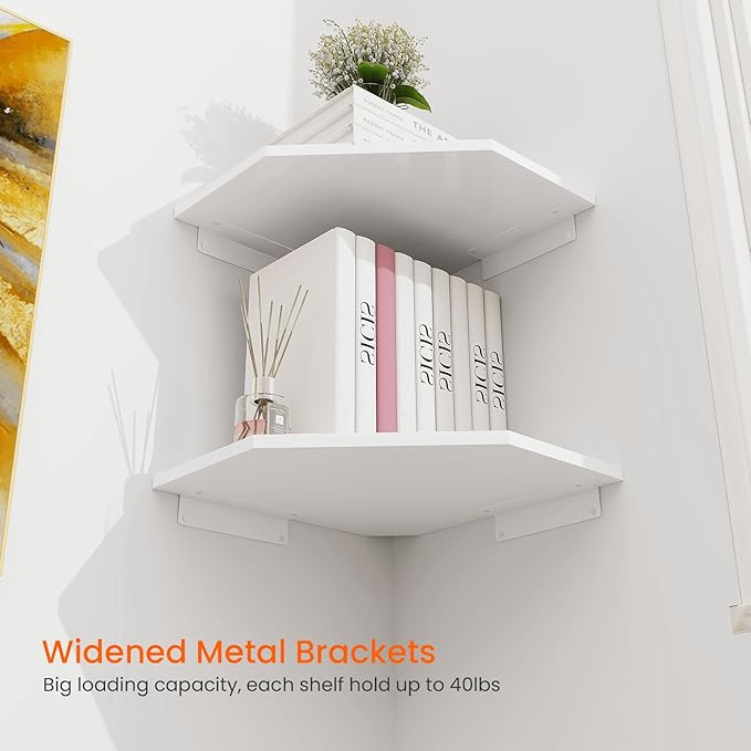 Homode Corner Shelf Wall Mount, Set of 2 Corner Floating Shelves with Cord Hole for Speaker, Cable Box, 2 Tier Wood Hanging Storage Shelf for Bathroom Living Room Bedroom, White
