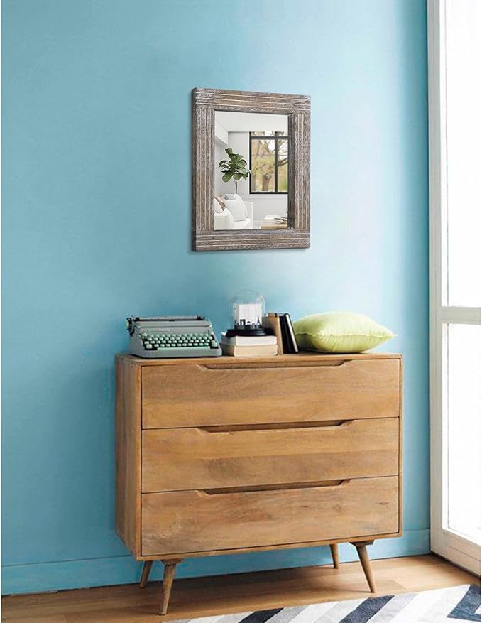 Rustic Wood Framed Wall Mirror Farmhouse Rectanglular Vintage Antique Decor Hanging Mirror for Bathroom Bedroom Living Room Entryway Small