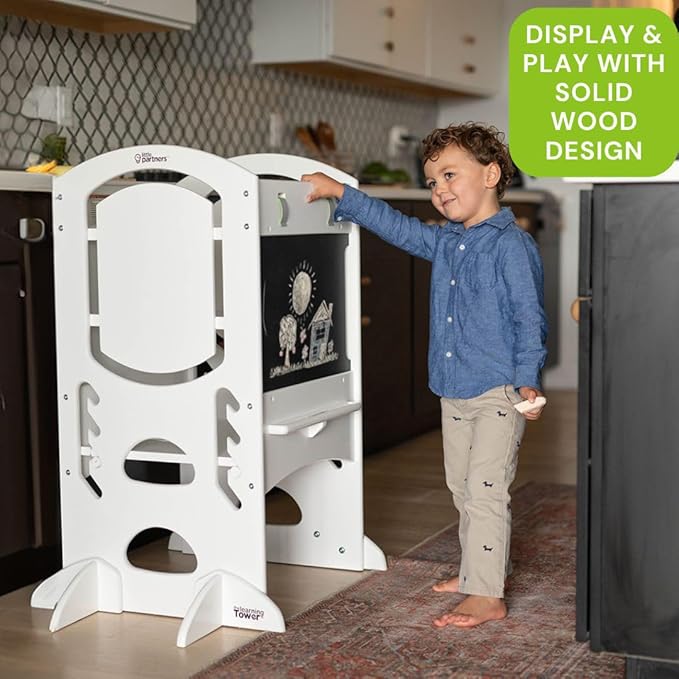Little Partners Learning Tower Limited Edition Toddler Tower Step Stool Activity Center, Wooden Kids Learning Tower Standing Platform with Adjustable Height, Chalkboard, Safety Rails (Soft White)