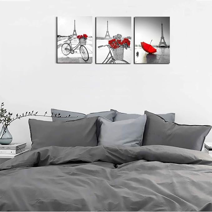 red Flowers 3 Piece Canvas Print Wall Art for Living Room Bathroom Decorations Bedroom Wall decor modern Eiffel Tower umbrella Office Home Decoration wall paintings Black and white bicycle landscape