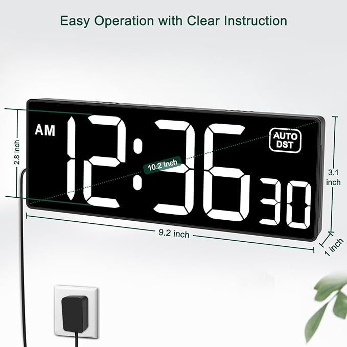 Soobest LED Digital Wall Clock with Seconds, Electric Clock Plug Auto DST Dimmer LED Large Display 10 Inches (White)