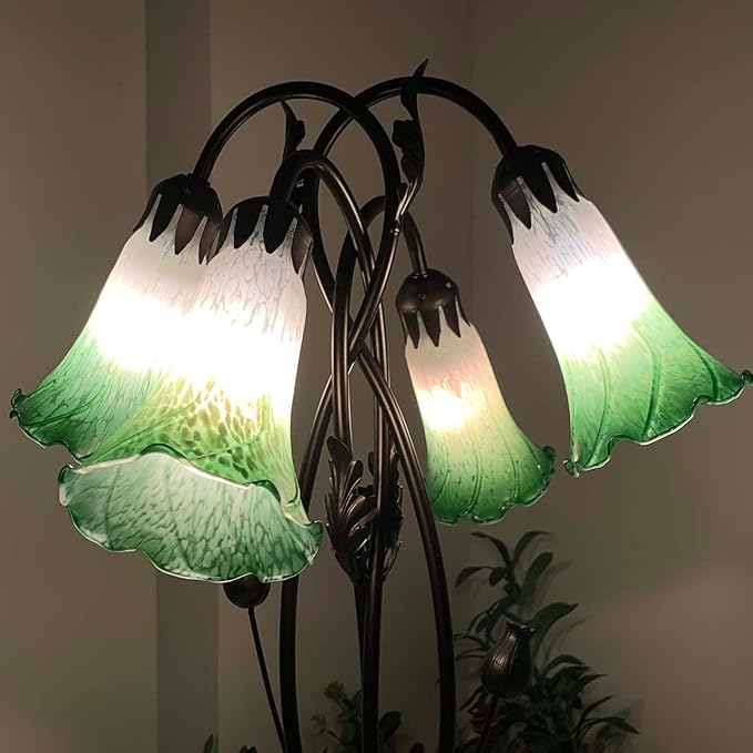 Bieye L10857 Lily Flower Blown Glass Accent Table Lamp for Living Room Bedroom Decoration (4-Light, Green)