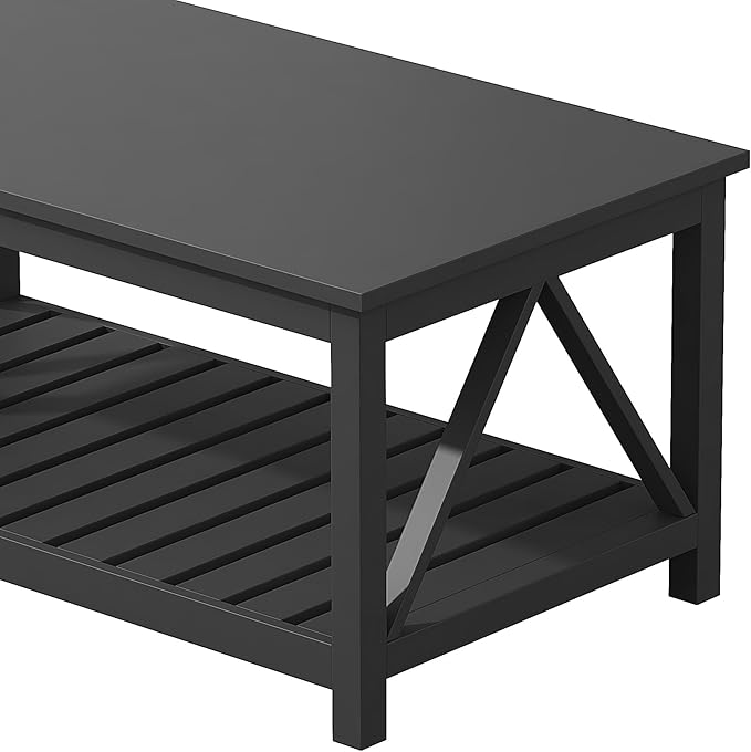 ChooChoo Coffee Table, Rustic Vintage Living Room Table with Shelf, 40 Pure Black