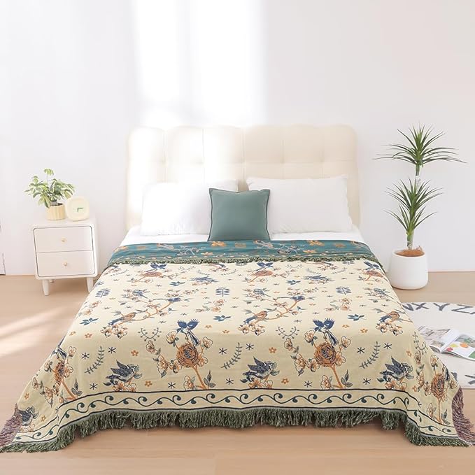 Boho 100% Cotton Large Throw Blanket - All Season Rustic Ultra Soft Breathable Floral Bird Blanket for Bed Sofa Couch Chair Bedspread Quilt Gift, 80" x 90"-Teal/Beige