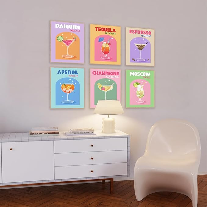 Cocktail Mixology Wall Art Print, Cute Colorful Liquor Drink Alcohol Bar Wall Art for Home Bar Decor, Cocktail Poster Aesthetic for Girls Party Apartment Dorm Kitchen Bar Decoration, Funky Trendy