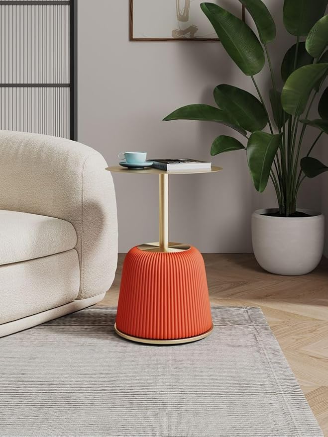 Manhattan Comfort Anderson Modern 15.75" Round End Tables 1.0 - Elegant Leatherette Upholstered Base with Pleated Design & Gold Steel Tabletop, Fully Assembled Accent Furniture, Set of 1, Orange