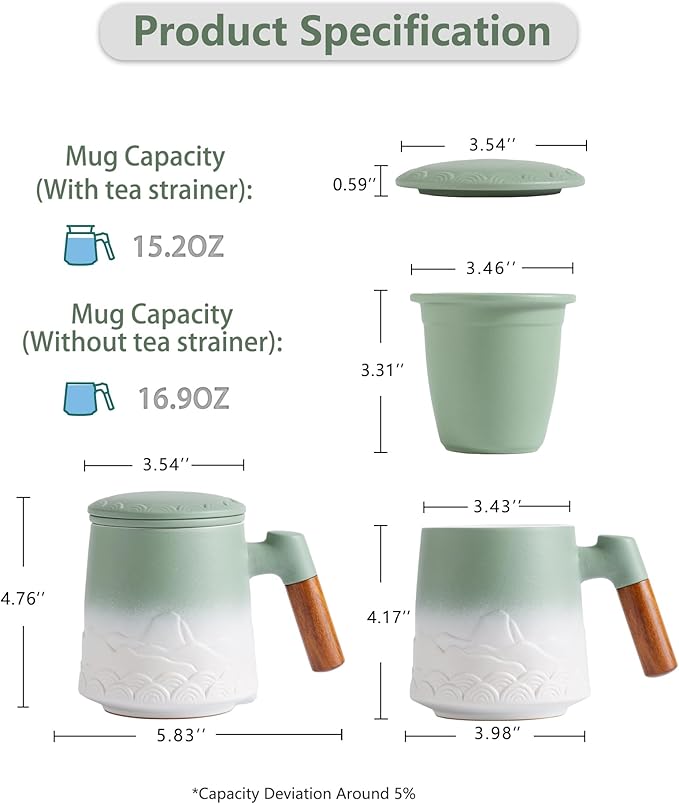 ZENS Tea Mug with Infuser and Lid for Loose Leaf Tea Steeper, 16.9 oz Embossed Ceramic Tea Cup with Fine Tea Strainers, Wood Handle Large Tea Diffusers Mugs, Tea Accessories for Tea Lovers Gifts