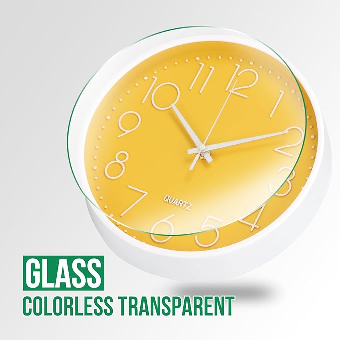 Wall Clock Non-Ticking Silent Modern Simple Style Round Decor Clock Stereoscopic Dial Quartz Wall Clocks for Home/Office/School/Living Room/Bedroom/Kitchen (Yellow, 8inch)