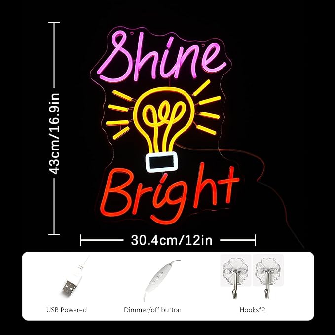 Shine Bright Neon Sign Letter Neon Light Dimmable Colorful Neon Light Sign Neon Art Decoration Sign Luminous Bulb LED Light Sign for Bedroom Bar Party Room Wall Decor USB Power