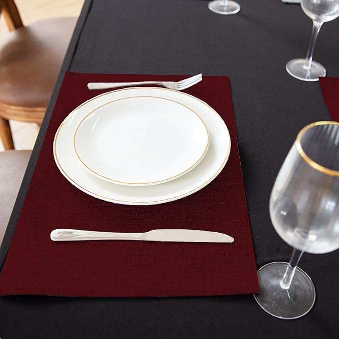 Linen Placemats Set of 8, Machine Washable, Heat Resistant, Wrinkle Free, Thick Polyester Kitchen Place Mats for Dining Table (Burgundy)