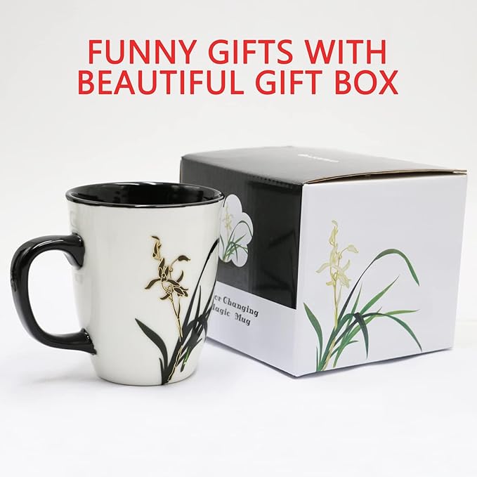Funny Ceramic Magic Heat Color Changing Coffee Mug with Orchid Printing for Women Personalized White Green Tea Cup Large Mugs for Mom,Girl, Grandma and Man 16 oz