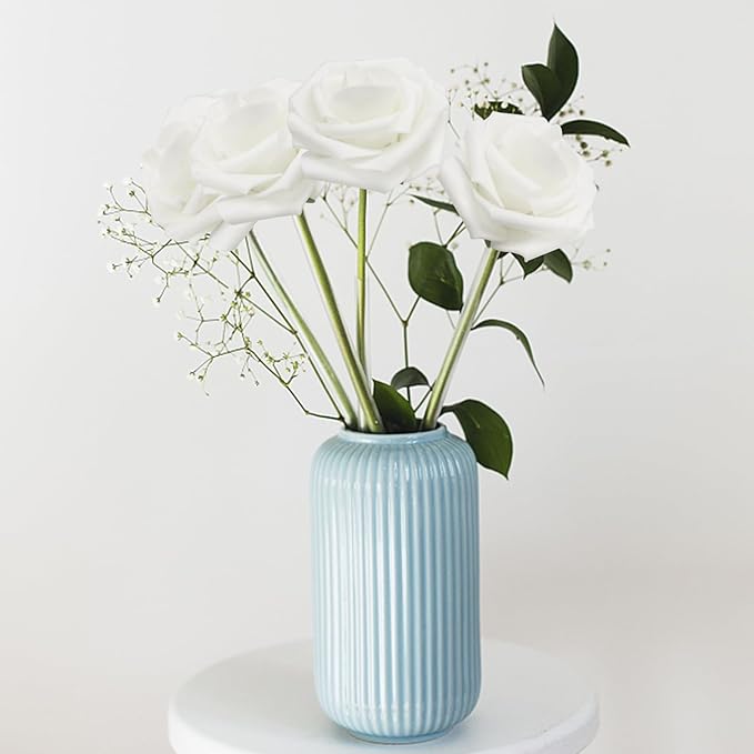 200PCS Artificial Flowers White Roses Real Looking Foam Fake Roses with Leaves and for DIY Wedding Bouquets Bridal Shower Centerpieces Party Decorations (White, 200)