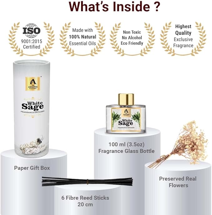 The Aroma Factory Fragrance Reed Diffuser Set with Natural Essential Oil, Aroma Sticks & Real Preserved Flowers | Luxury Home Decor Scent (White Sage, 1 Pack)