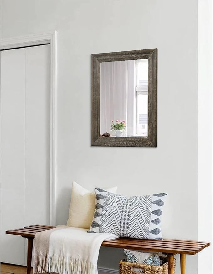 Retro Wall Mirror with Wood Framed Large Rectangle Hanging Mirrors 20"x16" Decorative for Bathroom Bedroom Living Room