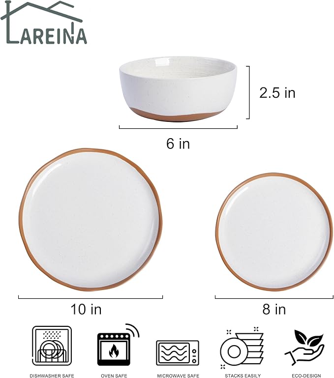 Lareina Plates and Bowls Set, 12 Pieces Farmhouse Ceramic Dinnerware Sets, Scratch Resistance, Dishwasher Microwave Safe, Vanilla White