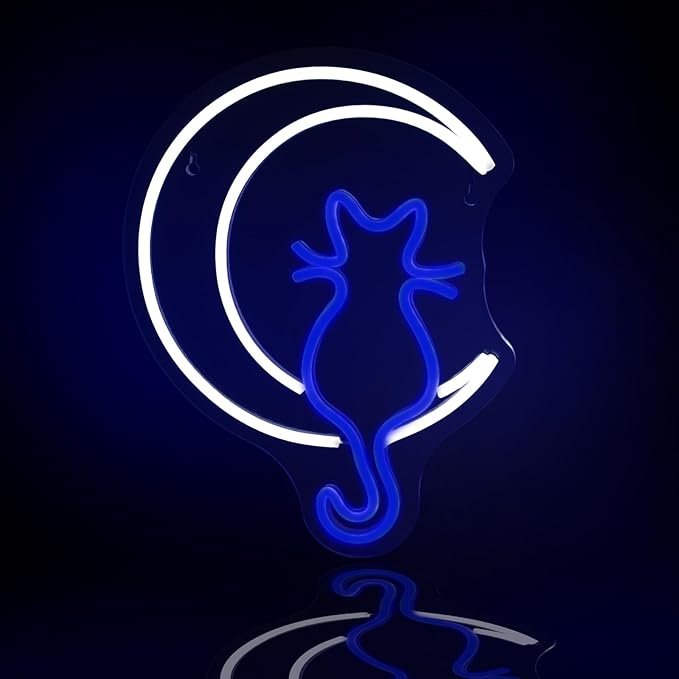 Moon Cat Neon Signs for Wall Decor White Blue LED Light Sign for Preppy Room Decor Light Up Sign for Birthday Party Decoration USB Powered