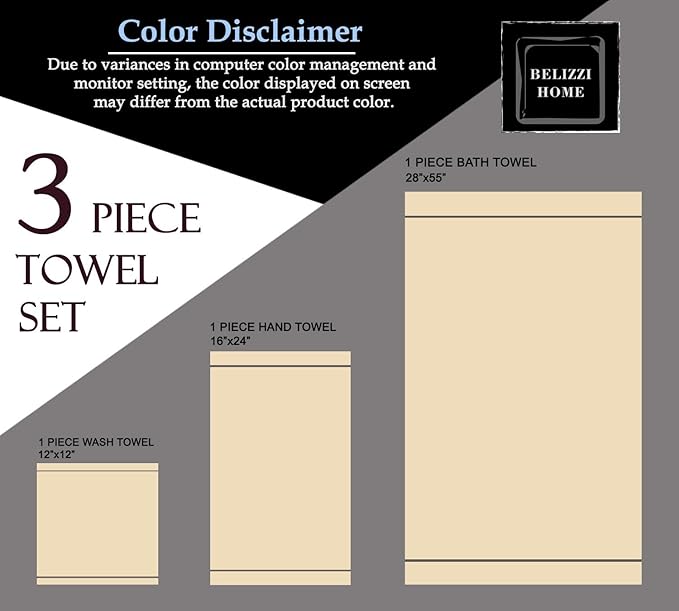 Belizzi Home Ultra Soft 3 Pack Cotton Towel Set, Contains a Bath Towel 28x55 inch, a Hand Towel 16x24 inch & a Wash Coth 12x12 inch, Ideal Everyday use, Compact & Lightweight -Tan