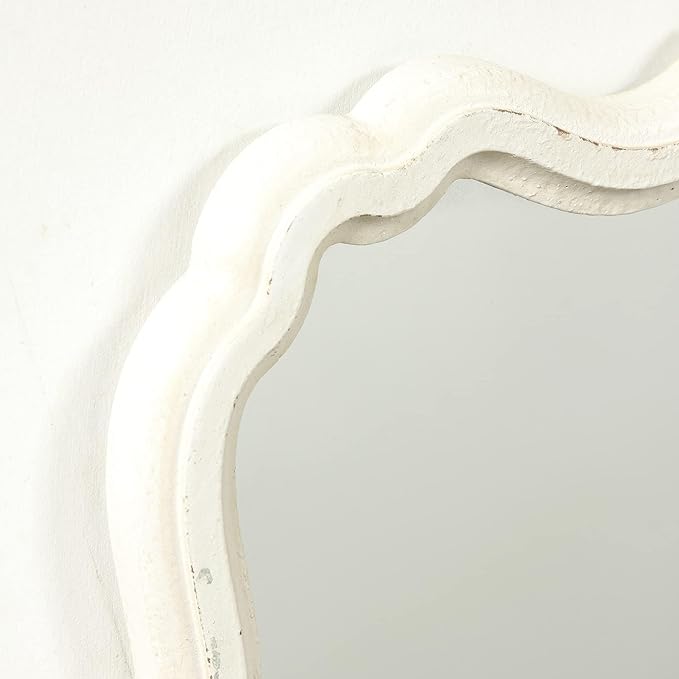 Rustic White Small Scalloped Wall Mirror 12" x 15", Mirror Wall Decor, Decorative Wall Mounted Mirrors, Bathroom Mirrors for Vanity, Distressed Finish Vintage Wall Mirror for Living Room
