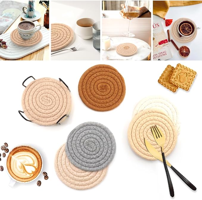 Boho Coasters Set of 8 for Drinks,4 Colors Absorbent Drink Coasters with Metal Holder, Cotton Woven Coaster, Minimalist Cup Coaster Set for Home Decor,Table Protection, Housewarming Gift (4.3 Inch)