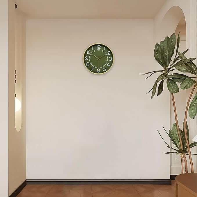HZDHCLH 12inch Wall Clocks Battery Operated,Quartz Movement,Silent Non Ticking Modern Wall Clock for Living Room Bedroom Kitchen Office School Classroom Decor Green Gold