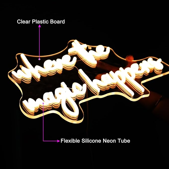 Where The Magic Happens Neon Sign Led Light Up Signs for Wall Decor USB Powered Letter Neon Light Signs for Bedroom Wedding Decor Birthday Party Shop Bar Man Cave 16 x 9.6''(Warm White)