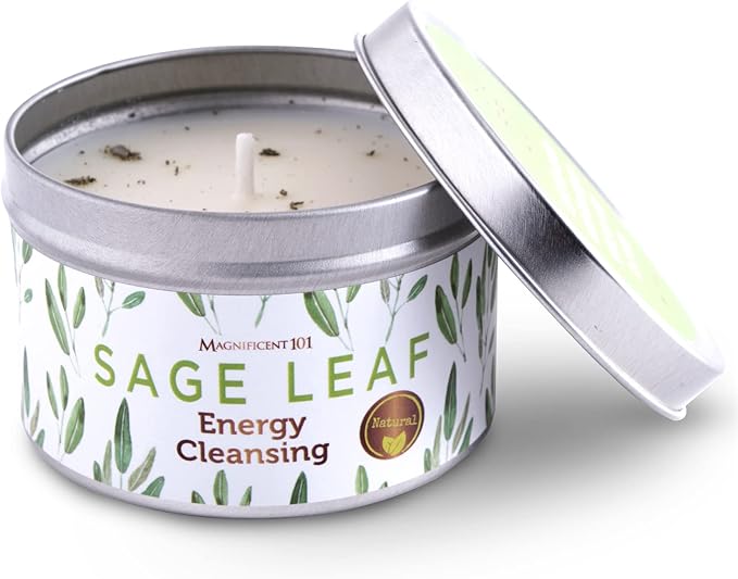 Magnificent 101 Long Lasting Pure White Sage Leaf Scented Smudge Candle | 6 Oz - 35 Hour Burn | Paraffin Free Soy Candle for House Energy Cleansing, Purification & Manifestation
