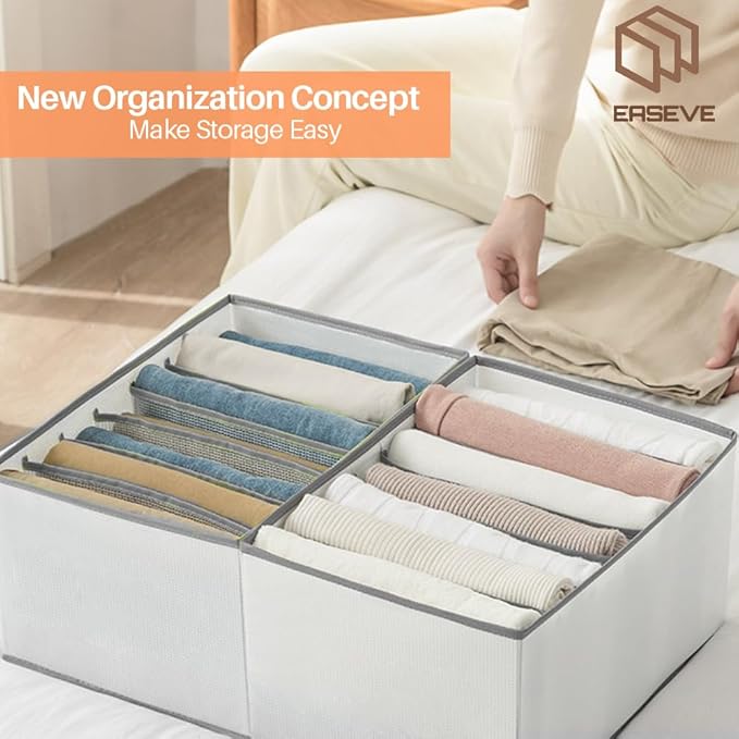 4 Pack Wardrobe Closet Organizer and Storage for Clothes - 7 Grids Foldable Drawer Dividers Organizers for Jeans | Pants | Shirts | Leggings, Stackable Clothing Bins for Closets Organization