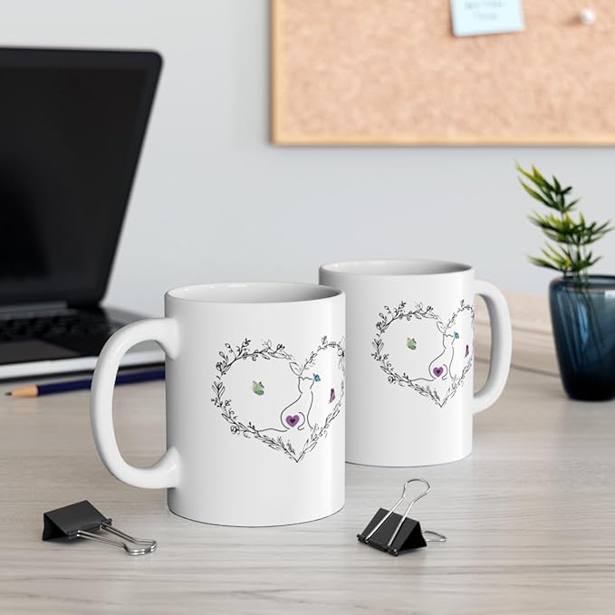 Cat Kissing a Butterfly Ceramic Coffee Mugs for Women, Black Heart Mug with a Kitty Kissing Butterflies, Cute Mugs Aesthetic (15oz), White, 17390492692989885872