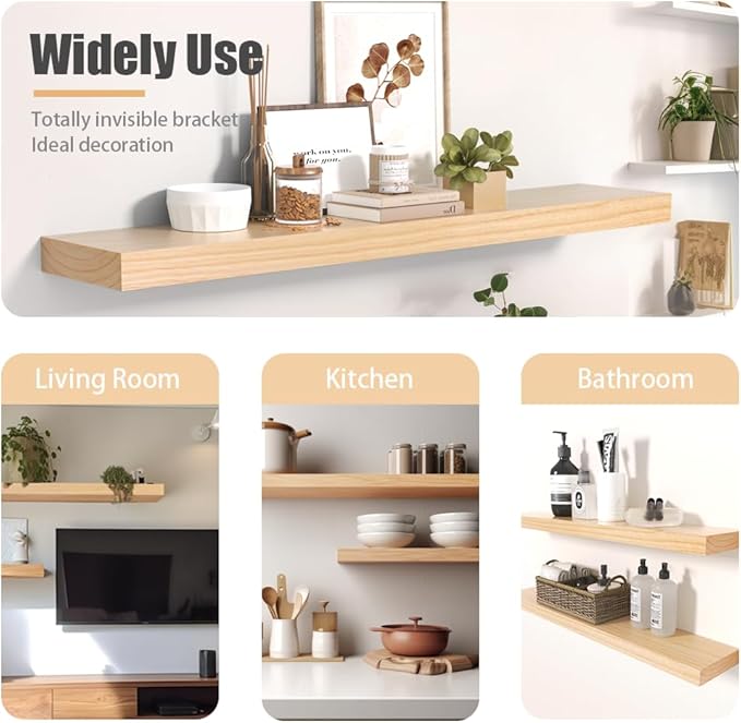 Habudda Floating Shelves, Wood Wall Shelf, Natural Wooden Home Decor for Bathroom Kitchen Bedroom, Hanging Mounted Invisible Bracket, Extra Long 35.5 Inch, Set of 2