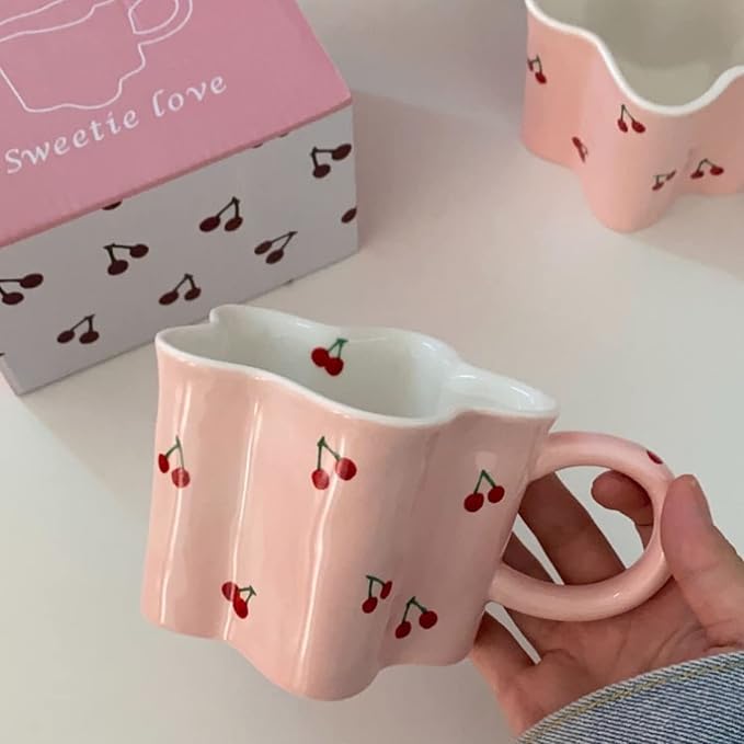 Women Girls Pink Flower Shape Cherry Mug Ceramic Coffee Mug Water Cup 350ml/12oz Cute Novelty Vintage Gift
