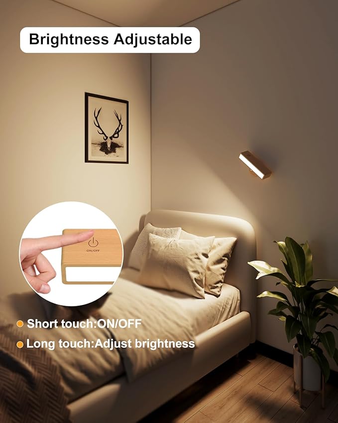 YiLaie Wall Sconces Battery Operated Set of Two,Rechargeable Wall Lamps for Bedroom,Wall Lights Wireless Dimmable,Wood Wall Sconce with 360 Rotation,Peel and Stick Wall Sconces for Bedroom Bedside